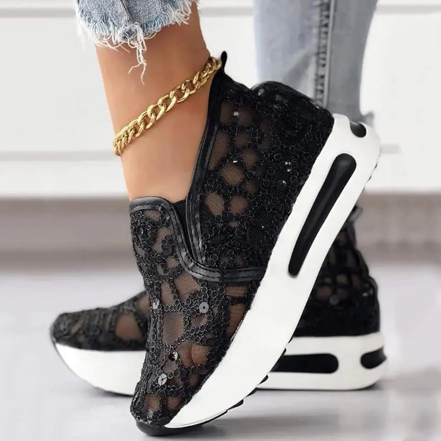 Platform Sneakers for Women Embroidery Floral Mesh Air Comfort Chunky Sole Hidden High Heels Fashion Dressy Breathable Walking Work Shoes Air Cushion Road Running Shoes