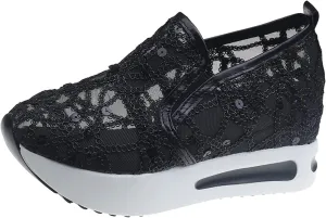Platform Sneakers for Women Embroidery Floral Mesh Air Comfort Chunky Sole Hidden High Heels Fashion Dressy Breathable Walking Work Shoes Air Cushion Road Running Shoes
