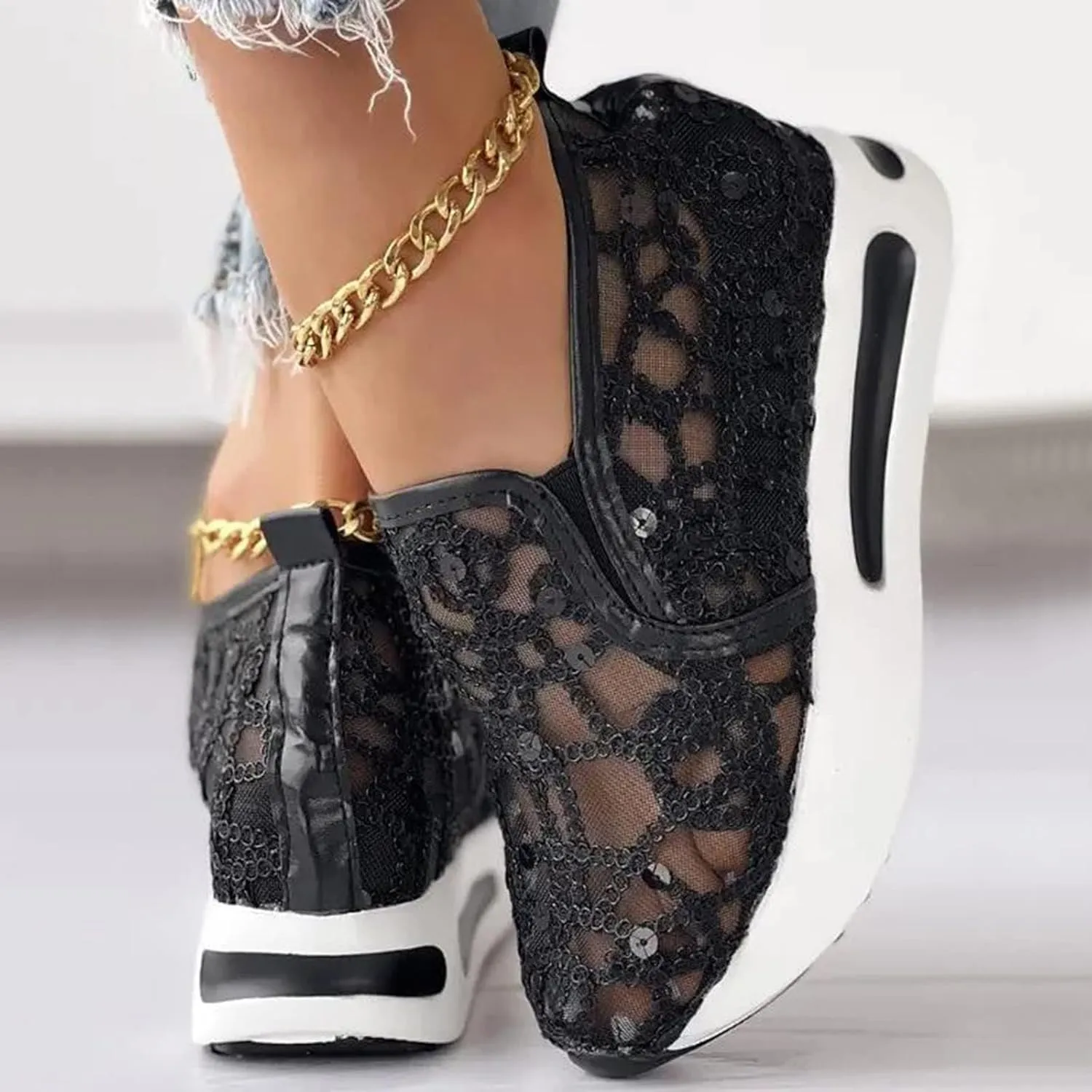Platform Sneakers for Women Embroidery Floral Mesh Air Comfort Chunky Sole Hidden High Heels Fashion Dressy Breathable Walking Work Shoes Air Cushion Road Running Shoes