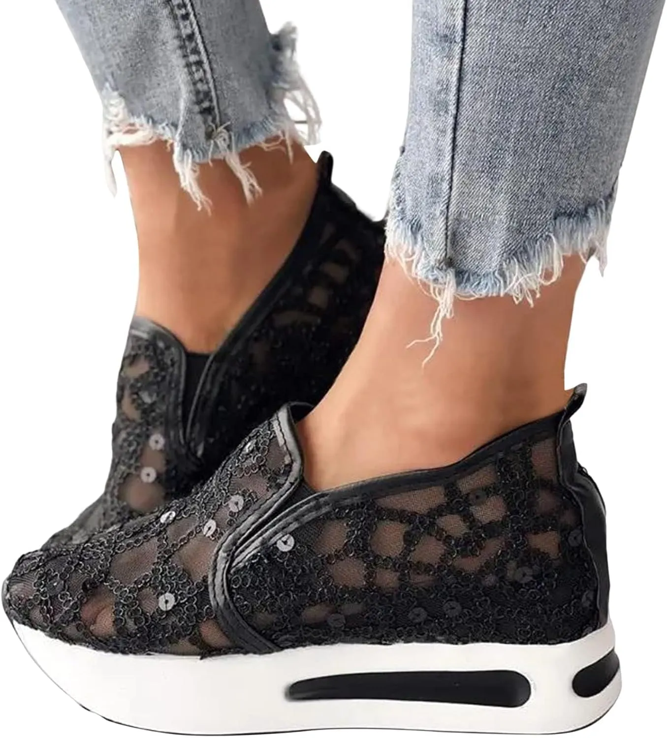 Platform Sneakers for Women Embroidery Floral Mesh Air Comfort Chunky Sole Hidden High Heels Fashion Dressy Breathable Walking Work Shoes Air Cushion Road Running Shoes