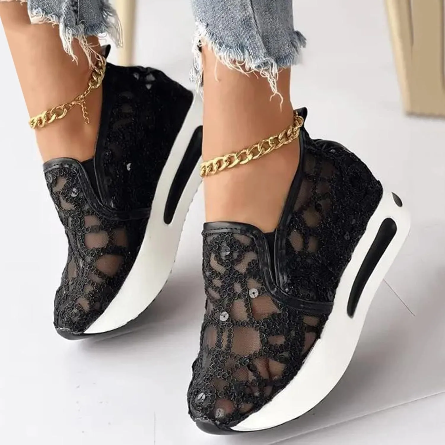 Platform Sneakers for Women Embroidery Floral Mesh Air Comfort Chunky Sole Hidden High Heels Fashion Dressy Breathable Walking Work Shoes Air Cushion Road Running Shoes