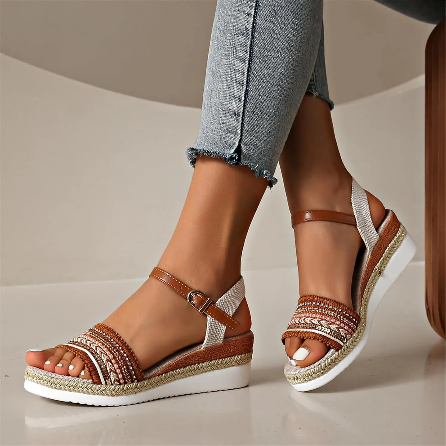 Platform Wedge Sandals for Women,Summer Dressy 2024 Open Toe Ankle Strap Low Heels Beach Boho Orthopedic Casual Walking Shoes Espadrille Women Summer Comfortable Anti Slip