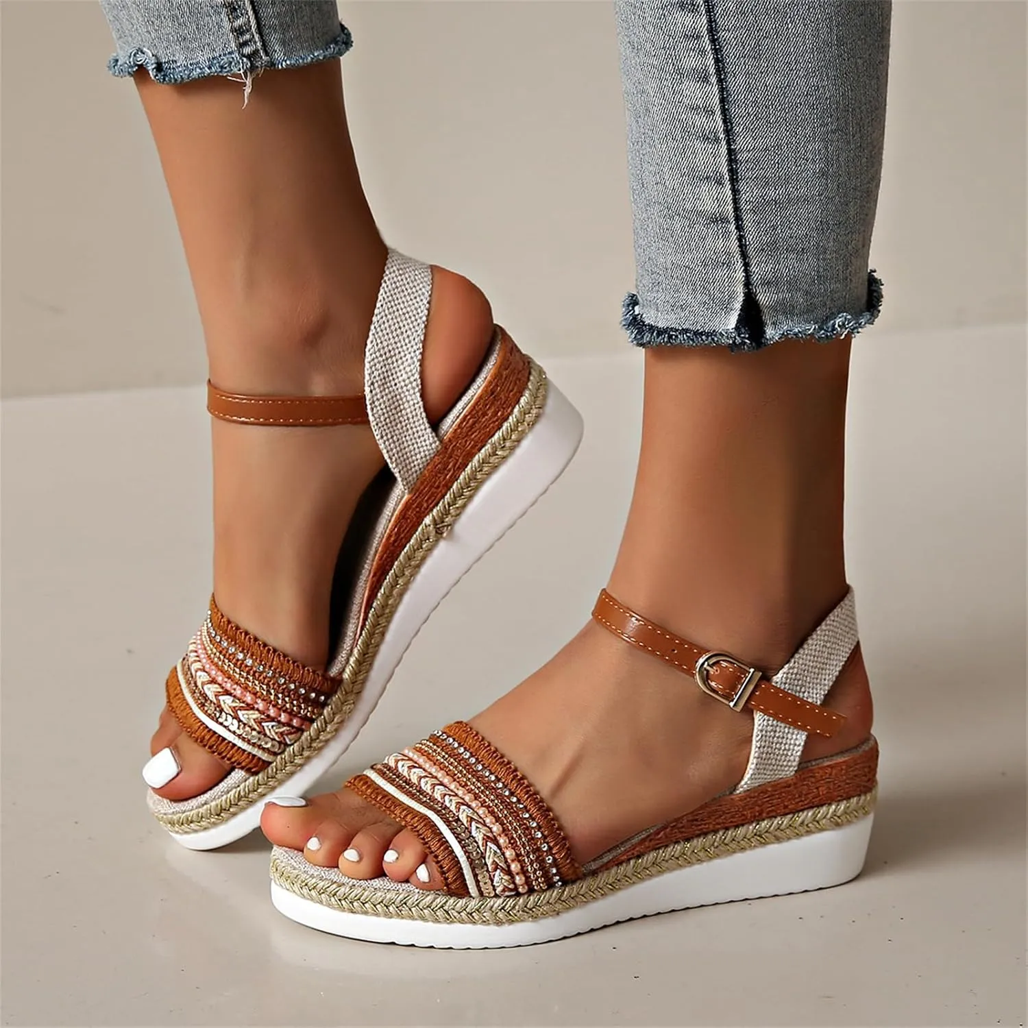 Platform Wedge Sandals for Women,Summer Dressy 2024 Open Toe Ankle Strap Low Heels Beach Boho Orthopedic Casual Walking Shoes Espadrille Women Summer Comfortable Anti Slip