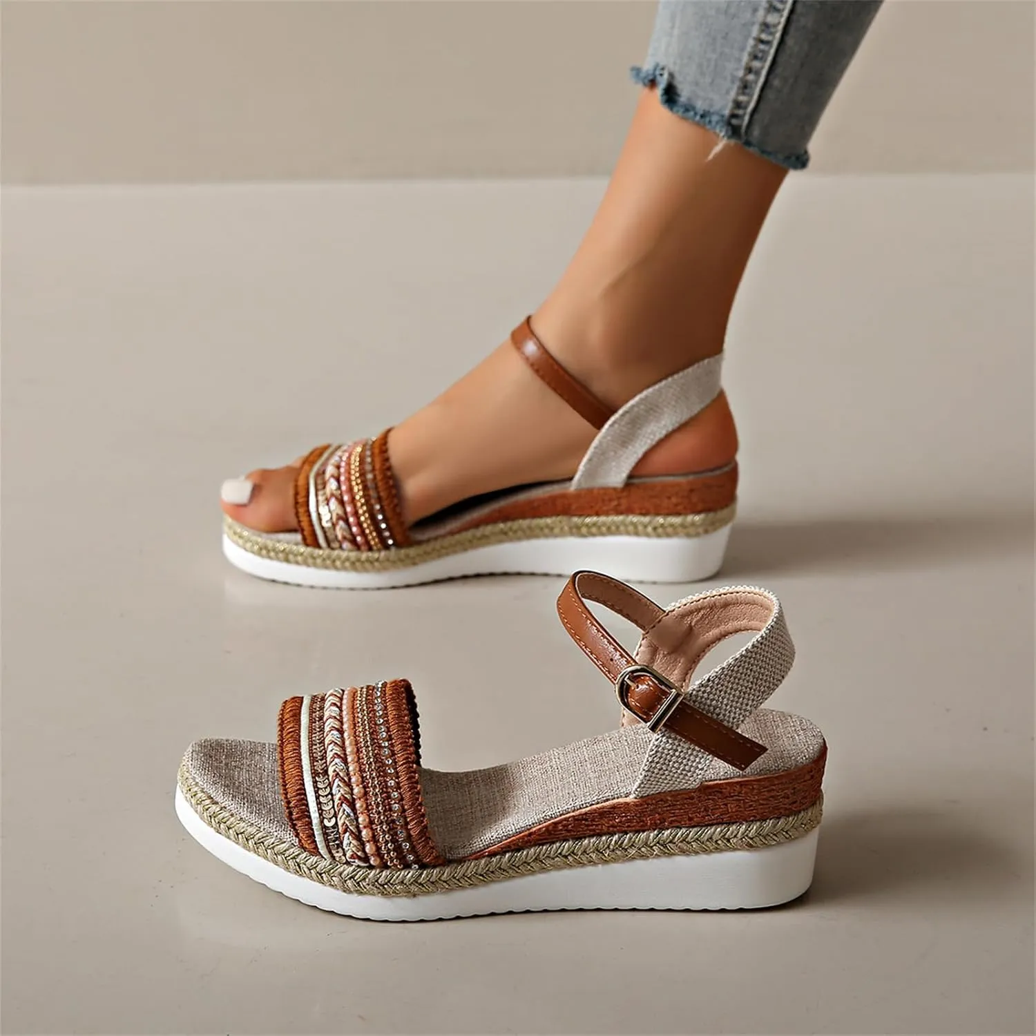 Platform Wedge Sandals for Women,Summer Dressy 2024 Open Toe Ankle Strap Low Heels Beach Boho Orthopedic Casual Walking Shoes Espadrille Women Summer Comfortable Anti Slip