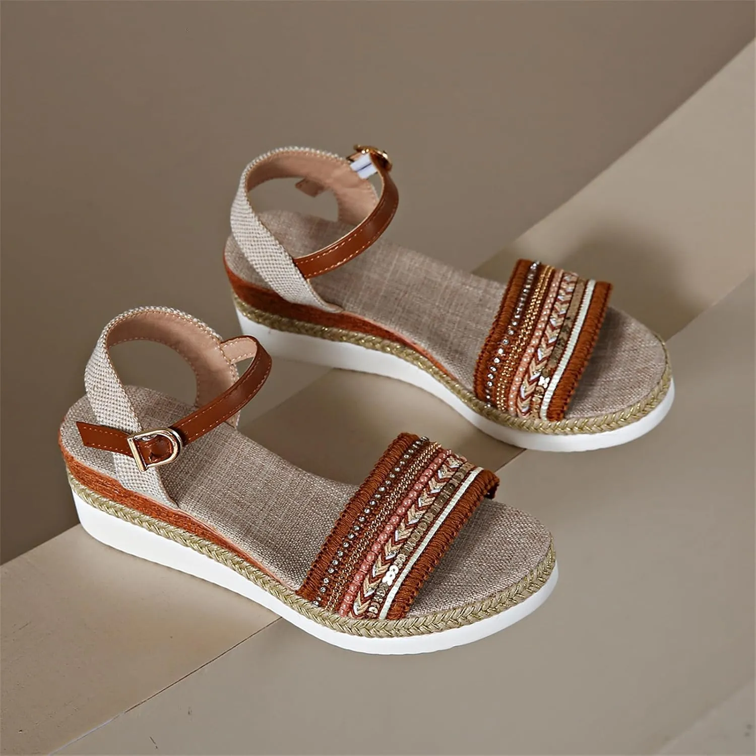 Platform Wedge Sandals for Women,Summer Dressy 2024 Open Toe Ankle Strap Low Heels Beach Boho Orthopedic Casual Walking Shoes Espadrille Women Summer Comfortable Anti Slip