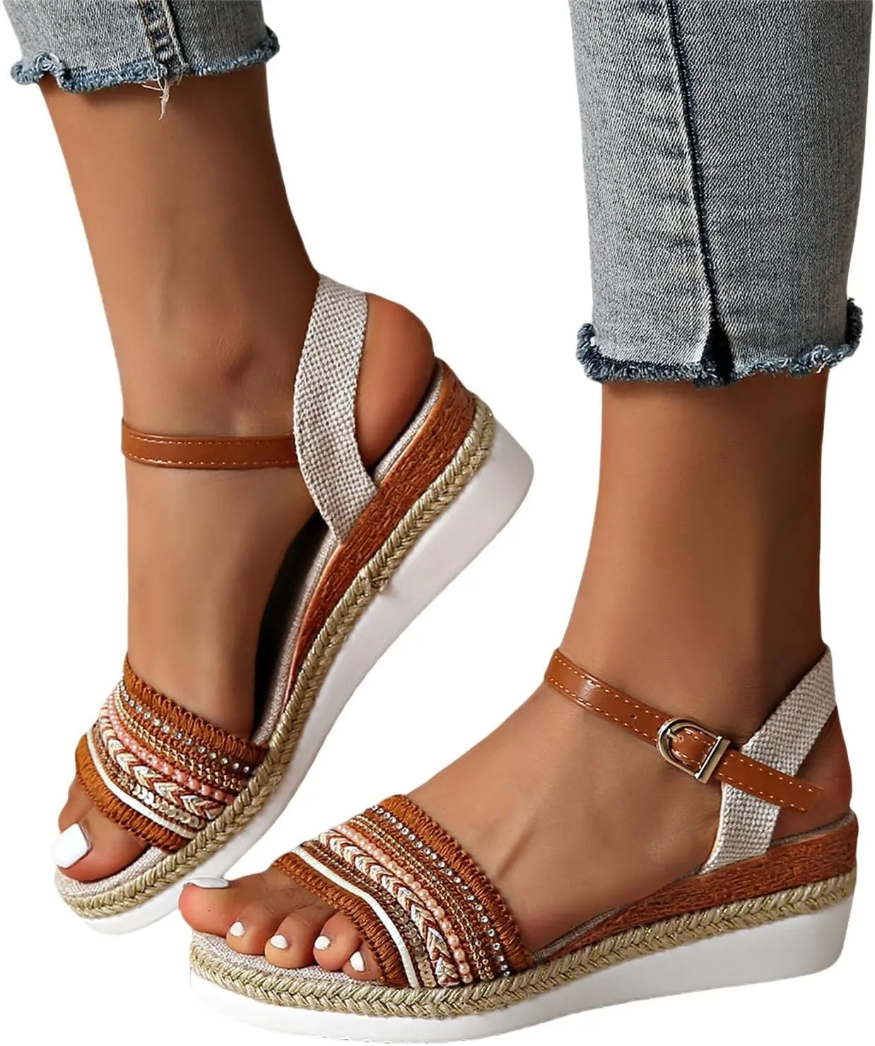 Platform Wedge Sandals for Women,Summer Dressy 2024 Open Toe Ankle Strap Low Heels Beach Boho Orthopedic Casual Walking Shoes Espadrille Women Summer Comfortable Anti Slip