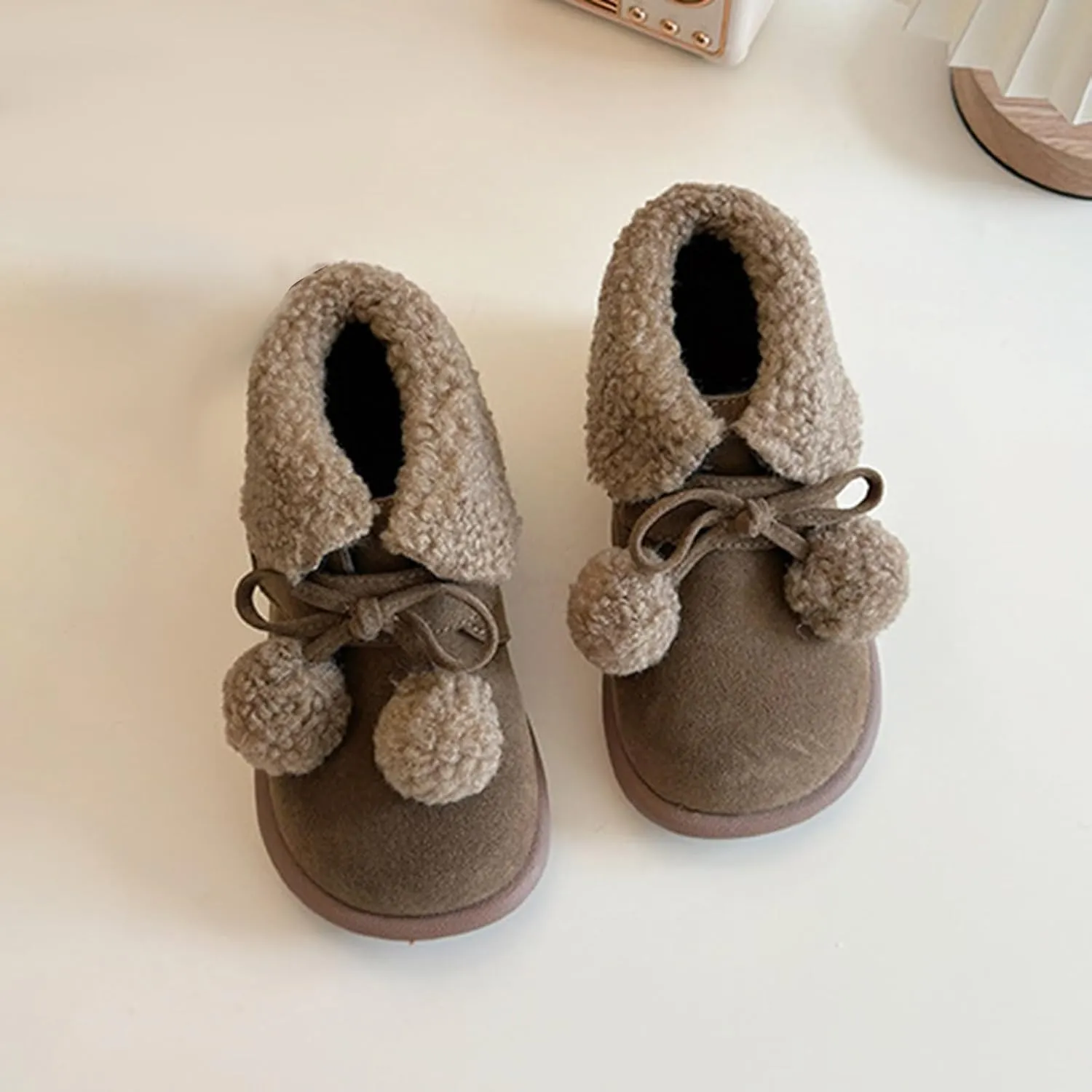 Pom-Pom ??alls Fleece Ankle Boots for Kids Girls Toddler Winter Thick Flat Soft Plush Comfortable Warm Snow Shoes