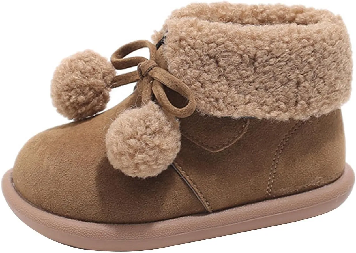 Pom-Pom ??alls Fleece Ankle Boots for Kids Girls Toddler Winter Thick Flat Soft Plush Comfortable Warm Snow Shoes