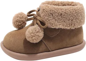 Pom-Pom ??alls Fleece Ankle Boots for Kids Girls Toddler Winter Thick Flat Soft Plush Comfortable Warm Snow Shoes