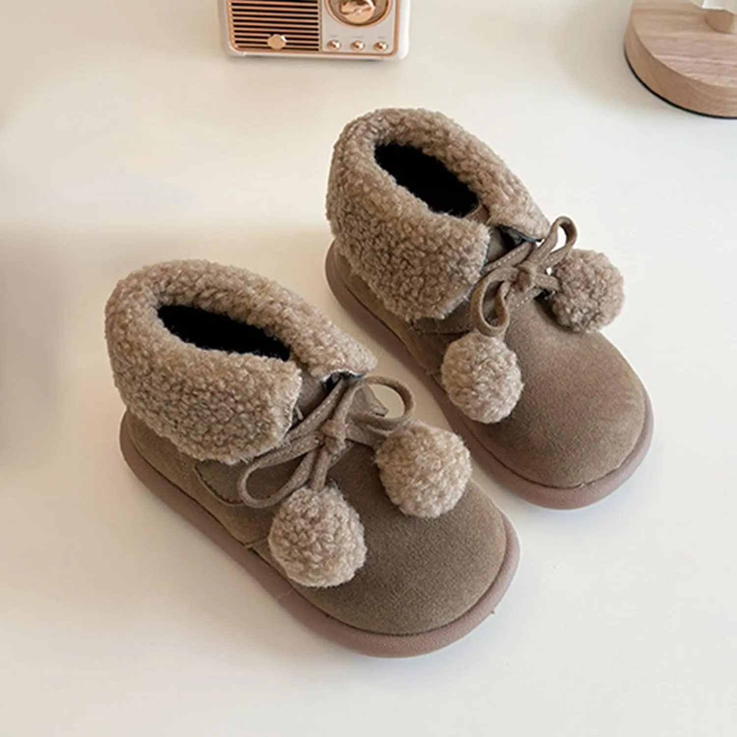 Pom-Pom ??alls Fleece Ankle Boots for Kids Girls Toddler Winter Thick Flat Soft Plush Comfortable Warm Snow Shoes