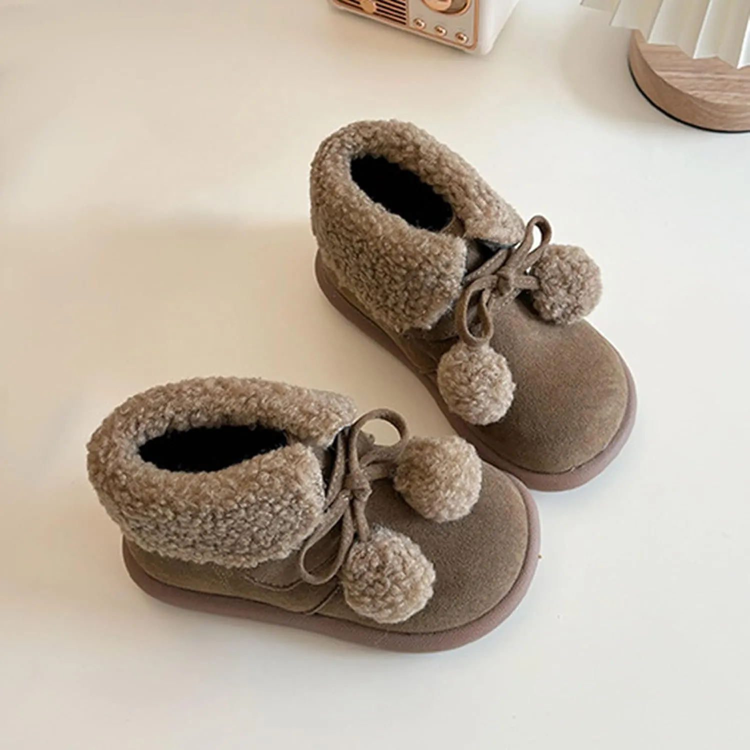 Pom-Pom ??alls Fleece Ankle Boots for Kids Girls Toddler Winter Thick Flat Soft Plush Comfortable Warm Snow Shoes