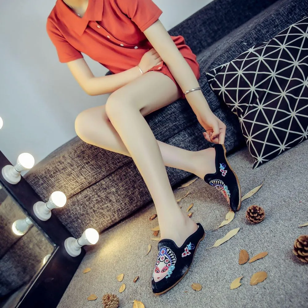 Qhome Women's Chinese Peking Opera Embroidery Pointed-Toe Comfortable Satin Casual Mules Pumps Slippers Shoes