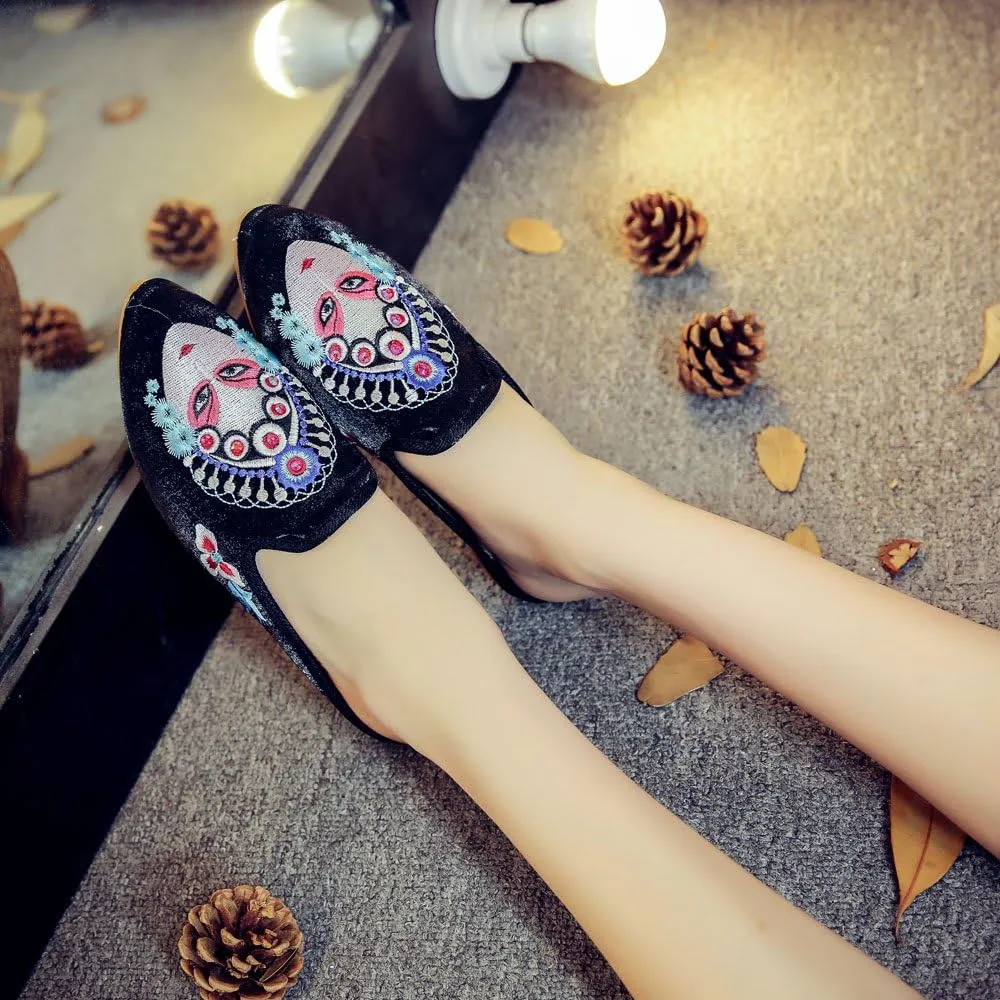 Qhome Women's Chinese Peking Opera Embroidery Pointed-Toe Comfortable Satin Casual Mules Pumps Slippers Shoes