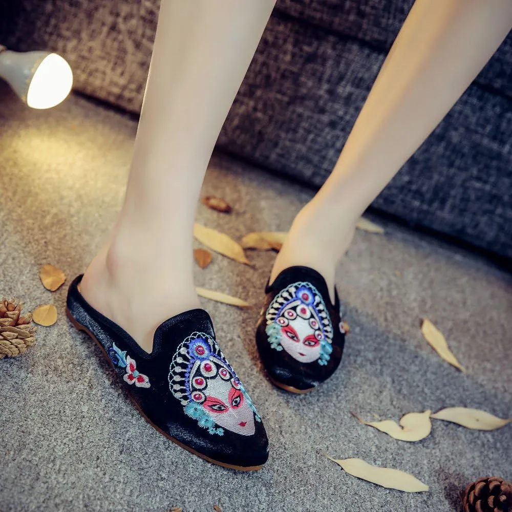 Qhome Women's Chinese Peking Opera Embroidery Pointed-Toe Comfortable Satin Casual Mules Pumps Slippers Shoes