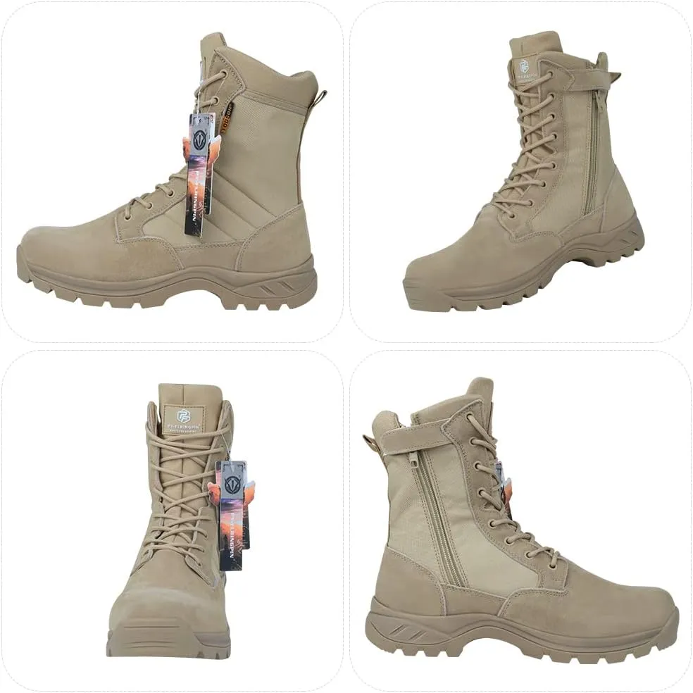 QUNLON Men's Tactical Boots 8 Inches Work Boots Lightweight Military Boots Leather Outdoor Boots Waterproof Hiking Boots Side Zipper Black/Sand