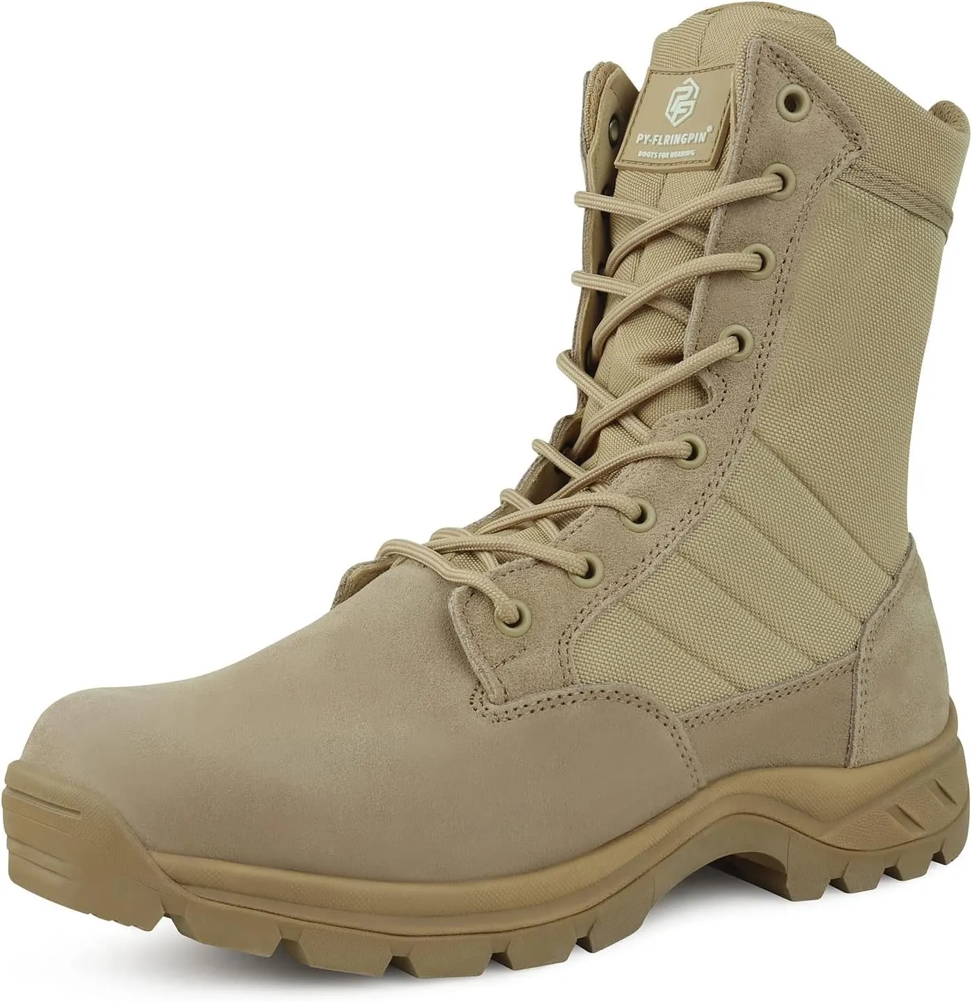 QUNLON Men's Tactical Boots 8 Inches Work Boots Lightweight Military Boots Leather Outdoor Boots Waterproof Hiking Boots Side Zipper Black/Sand