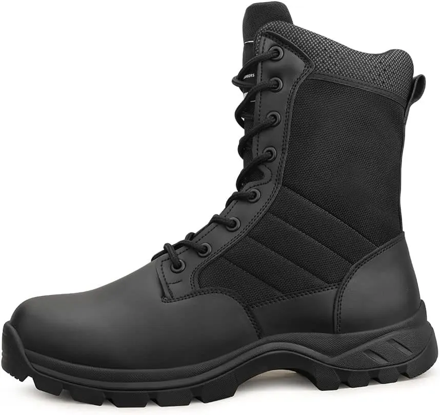 QUNLON Men's Tactical Boots 8 Inches Work Boots Lightweight Military Boots Leather Outdoor Boots Waterproof Hiking Boots Side Zipper Black/Sand