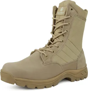 QUNLON Men's Tactical Boots 8 Inches Work Boots Lightweight Military Boots Leather Outdoor Boots Waterproof Hiking Boots Side Zipper Black/Sand