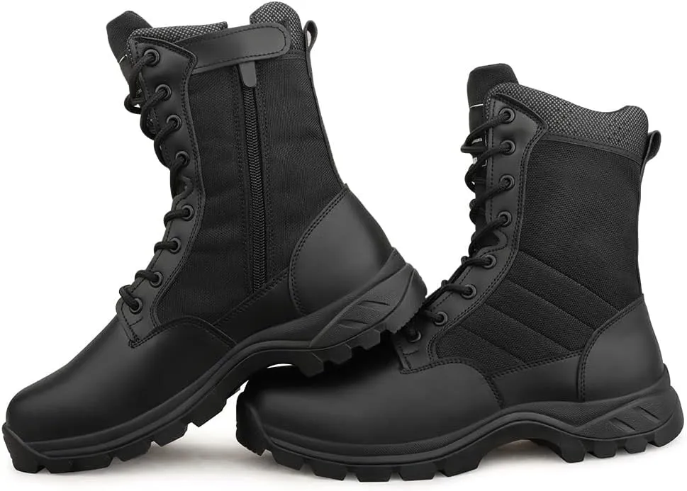 QUNLON Men's Tactical Boots 8 Inches Work Boots Lightweight Military Boots Leather Outdoor Boots Waterproof Hiking Boots Side Zipper Black/Sand