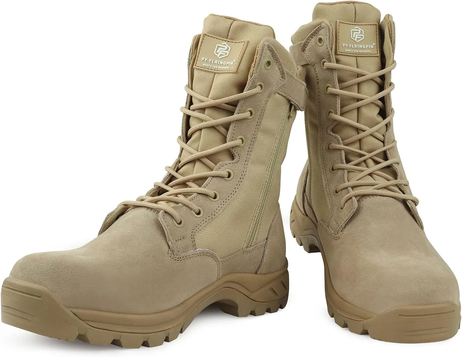 QUNLON Men's Tactical Boots 8 Inches Work Boots Lightweight Military Boots Leather Outdoor Boots Waterproof Hiking Boots Side Zipper Black/Sand