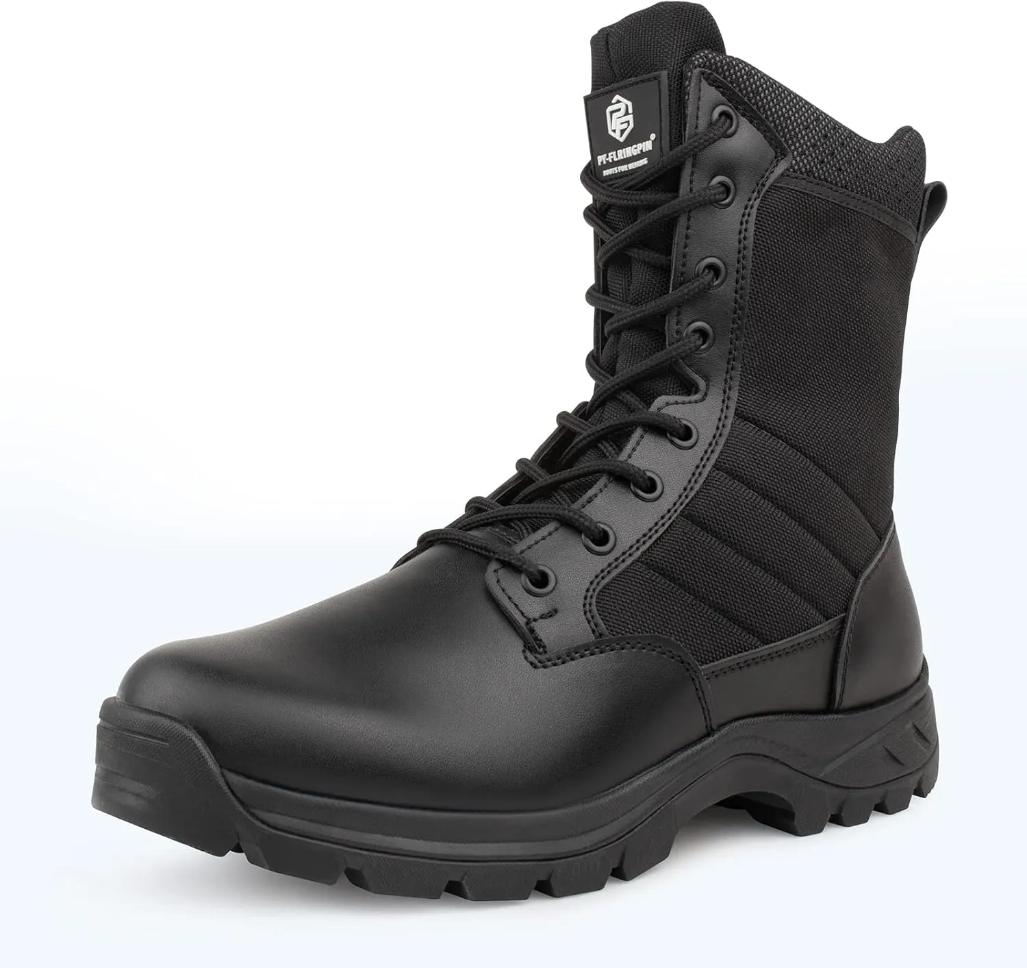 QUNLON Men's Tactical Boots 8 Inches Work Boots Lightweight Military Boots Leather Outdoor Boots Waterproof Hiking Boots Side Zipper Black/Sand
