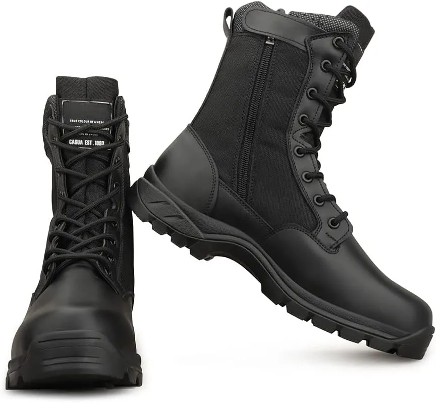 QUNLON Men's Tactical Boots 8 Inches Work Boots Lightweight Military Boots Leather Outdoor Boots Waterproof Hiking Boots Side Zipper Black/Sand
