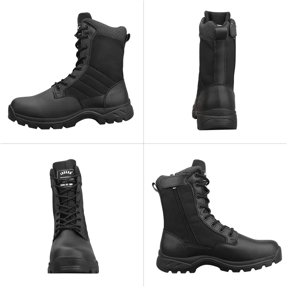 QUNLON Men's Tactical Boots 8 Inches Work Boots Lightweight Military Boots Leather Outdoor Boots Waterproof Hiking Boots Side Zipper Black/Sand