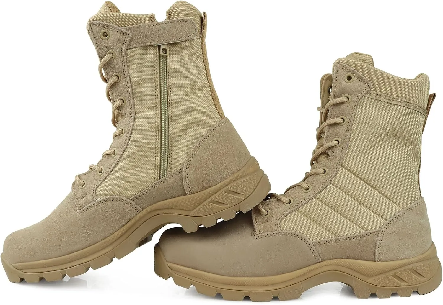 QUNLON Men's Tactical Boots 8 Inches Work Boots Lightweight Military Boots Leather Outdoor Boots Waterproof Hiking Boots Side Zipper Black/Sand