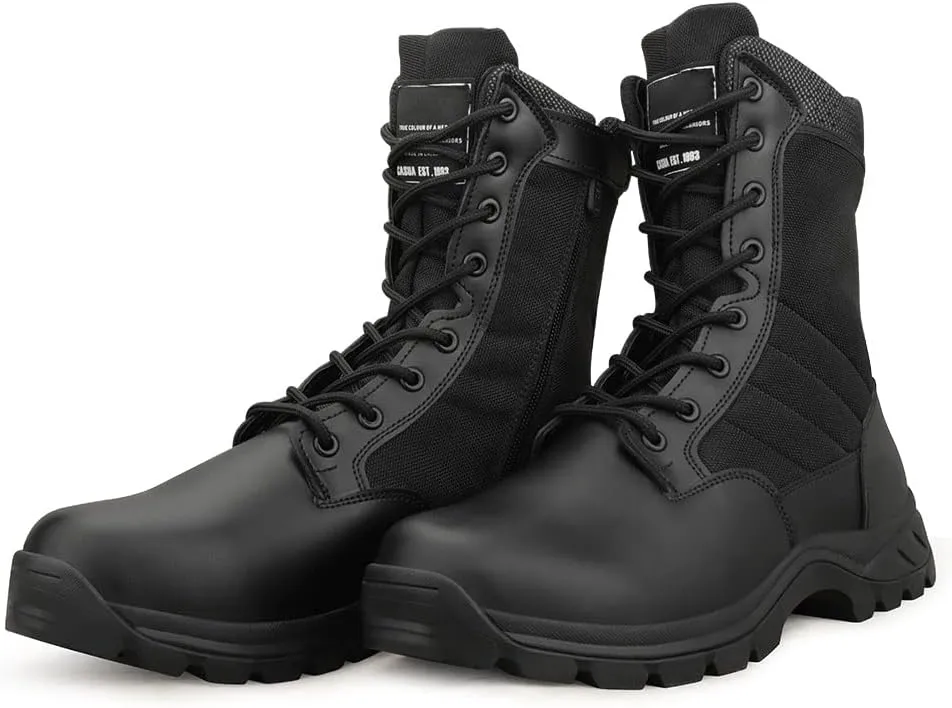 QUNLON Men's Tactical Boots 8 Inches Work Boots Lightweight Military Boots Leather Outdoor Boots Waterproof Hiking Boots Side Zipper Black/Sand