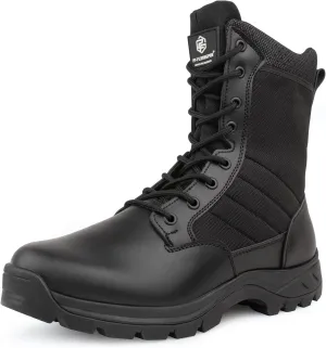 QUNLON Men's Tactical Boots 8 Inches Work Boots Lightweight Military Boots Leather Outdoor Boots Waterproof Hiking Boots Side Zipper Black/Sand
