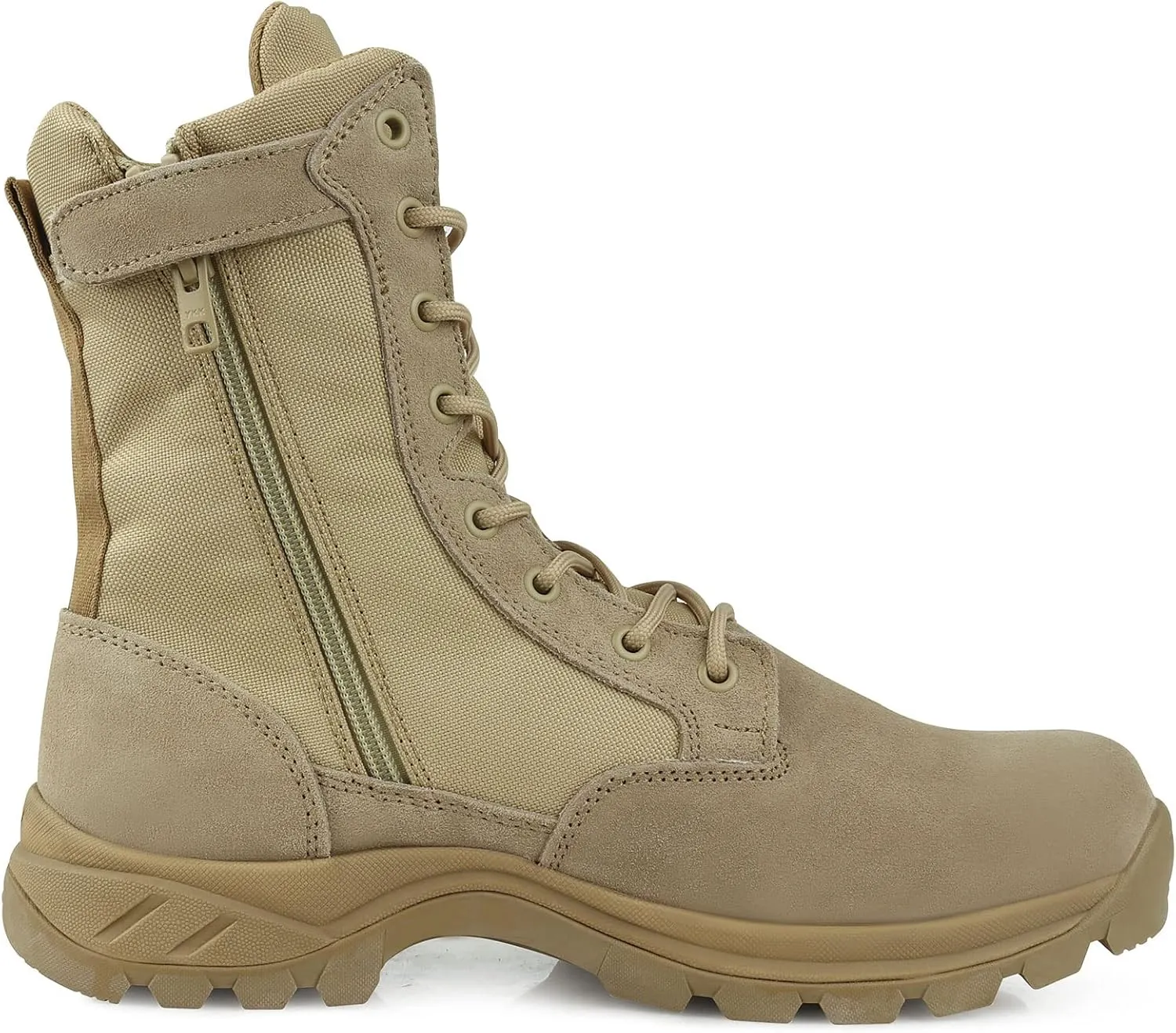 QUNLON Men's Tactical Boots 8 Inches Work Boots Lightweight Military Boots Leather Outdoor Boots Waterproof Hiking Boots Side Zipper Black/Sand