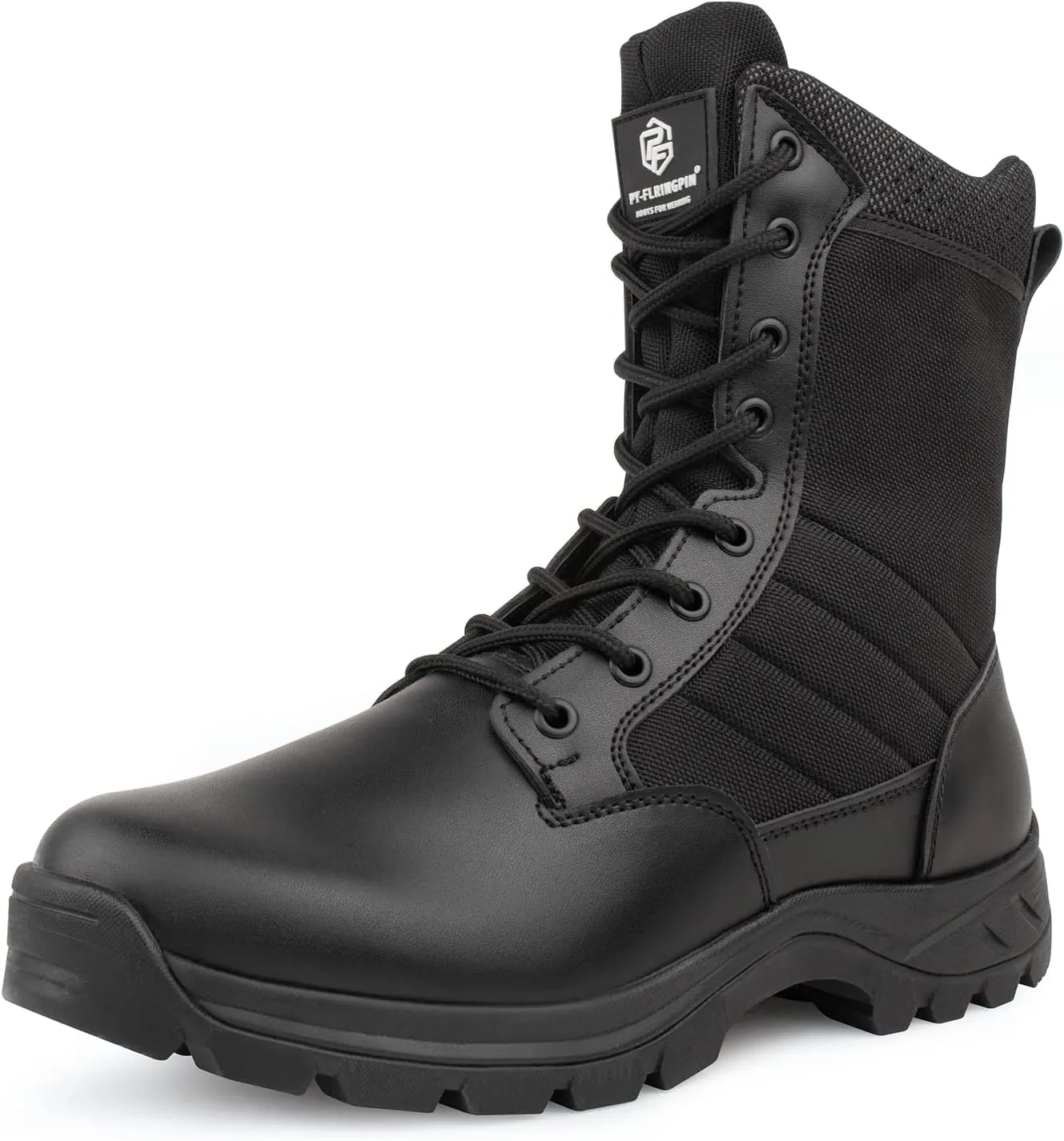 QUNLON Men's Tactical Boots 8 Inches Work Boots Lightweight Military Boots Leather Outdoor Boots Waterproof Hiking Boots Side Zipper Black/Sand