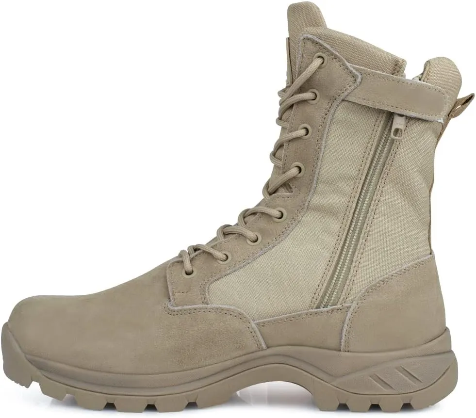 QUNLON Men's Tactical Boots 8 Inches Work Boots Lightweight Military Boots Leather Outdoor Boots Waterproof Hiking Boots Side Zipper Black/Sand