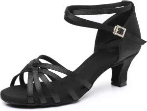 Rosefinch Women's Latin Dance Shoes Satin Professional Ballroom Salsa Practice Performance Wedding Dancing ShoesDance High Heels for Women Black2 inch Heel