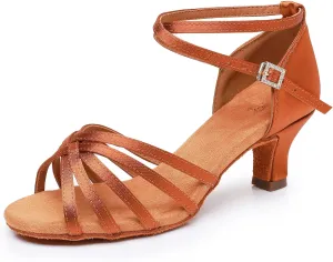 Rosefinch Women's Latin Dance Shoes Satin Professional Ballroom Salsa Practice Performance Wedding Dancing ShoesDance High Heels for Women Brown2 inch Heel