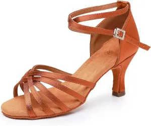 Rosefinch Women's Latin Dance Shoes Satin Professional Ballroom Salsa Practice Performance Wedding Dancing ShoesDance High Heels for Women Brown2.75 inch Heel