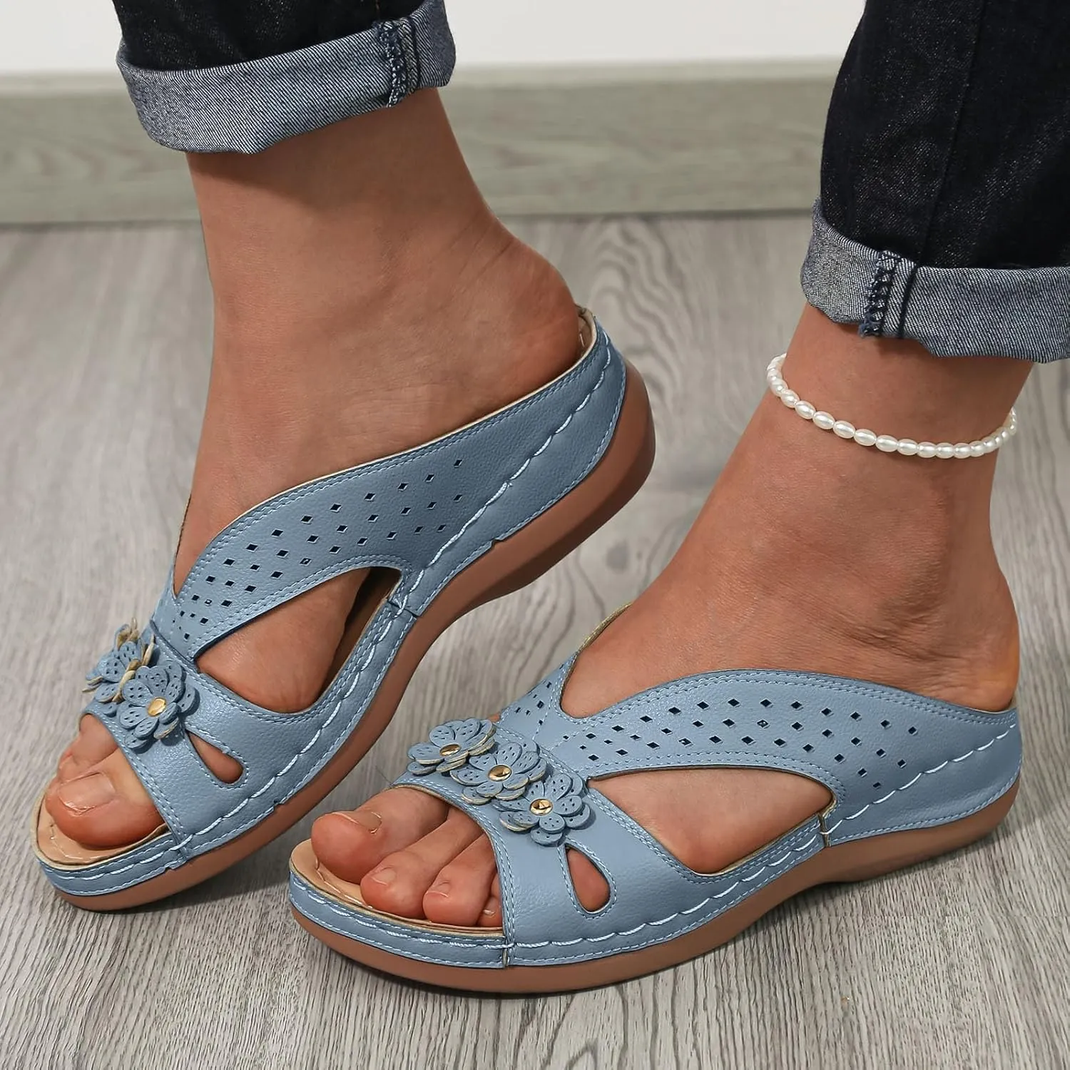 Sandals for Women 2024 Summer New Open Toe Cushion Orthopedic Arch Support Walking Sandals Shoes Dressy Flat