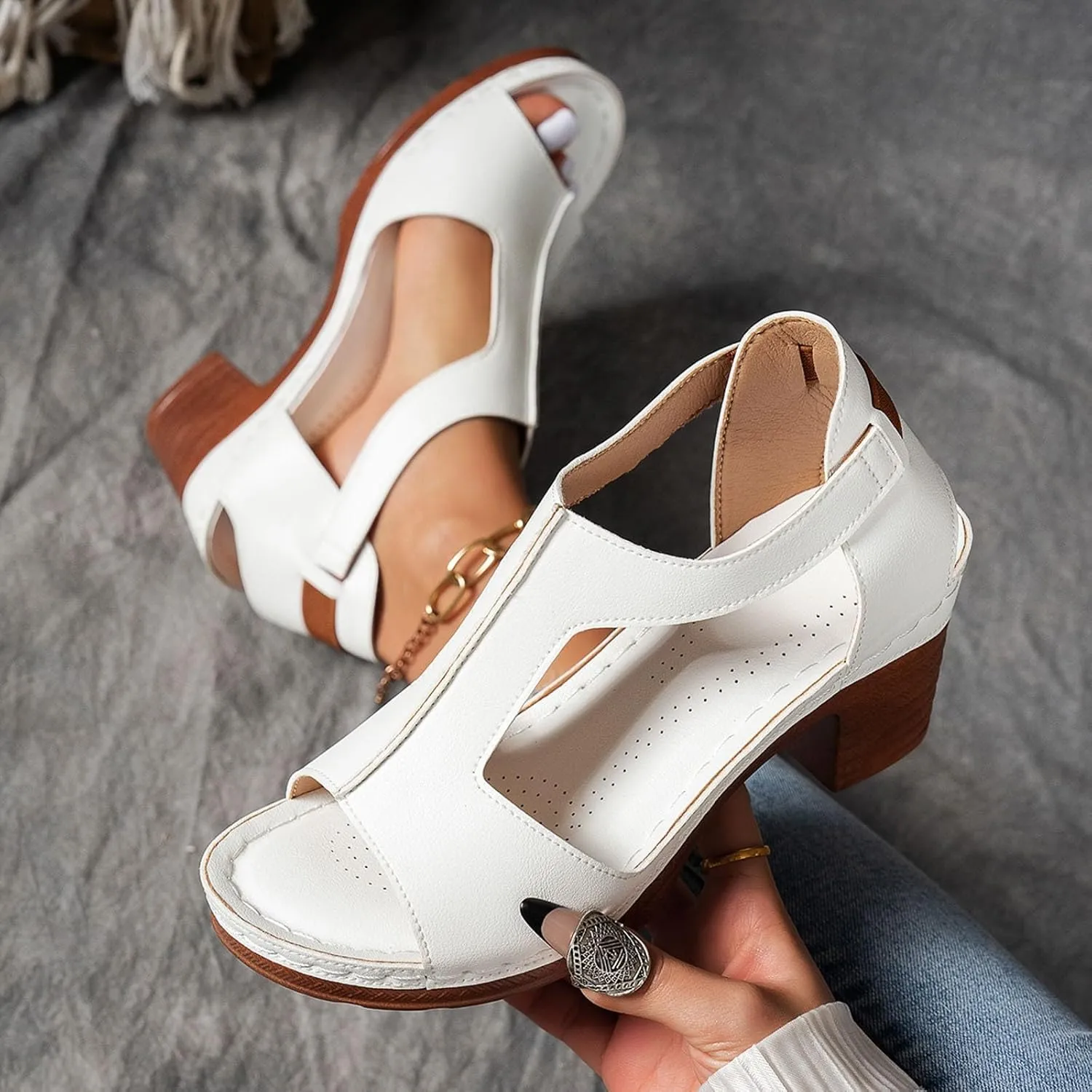 Sandals for Women 2025 Chunky Heel Orthopedic Elegant Comfortable Arch Support Open Toe Hollow Out Breathable Fashion Wedding Party Dress Sandals Casual Summer Ankle Strap Shoes