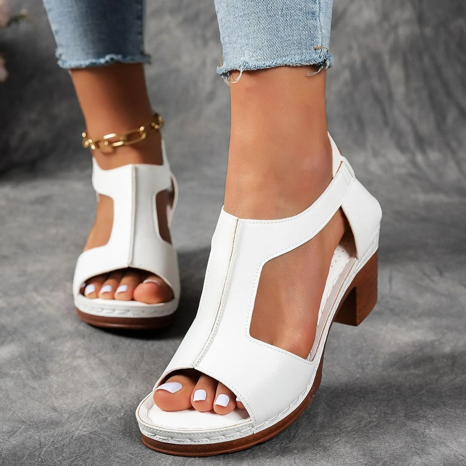 Sandals for Women 2025 Chunky Heel Orthopedic Elegant Comfortable Arch Support Open Toe Hollow Out Breathable Fashion Wedding Party Dress Sandals Casual Summer Ankle Strap Shoes