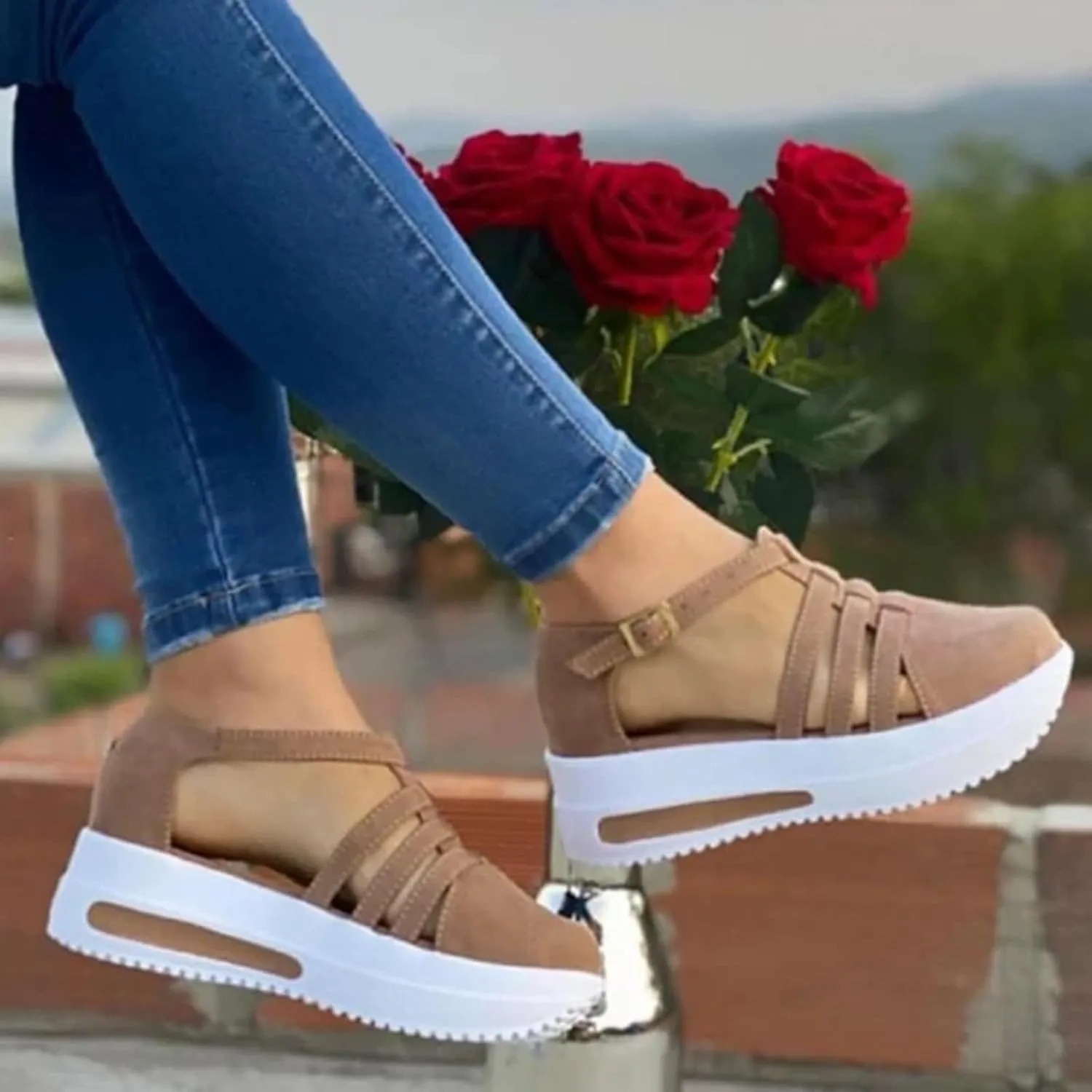 Sandals for Women Dressy Summer Casual Closed Toe Ankle Strap Espadrilles Wedge Comfortable Brown 2025 Shoes Cutout Platform Slip On with Arch Support Hollow Out Dress Walking Sandal