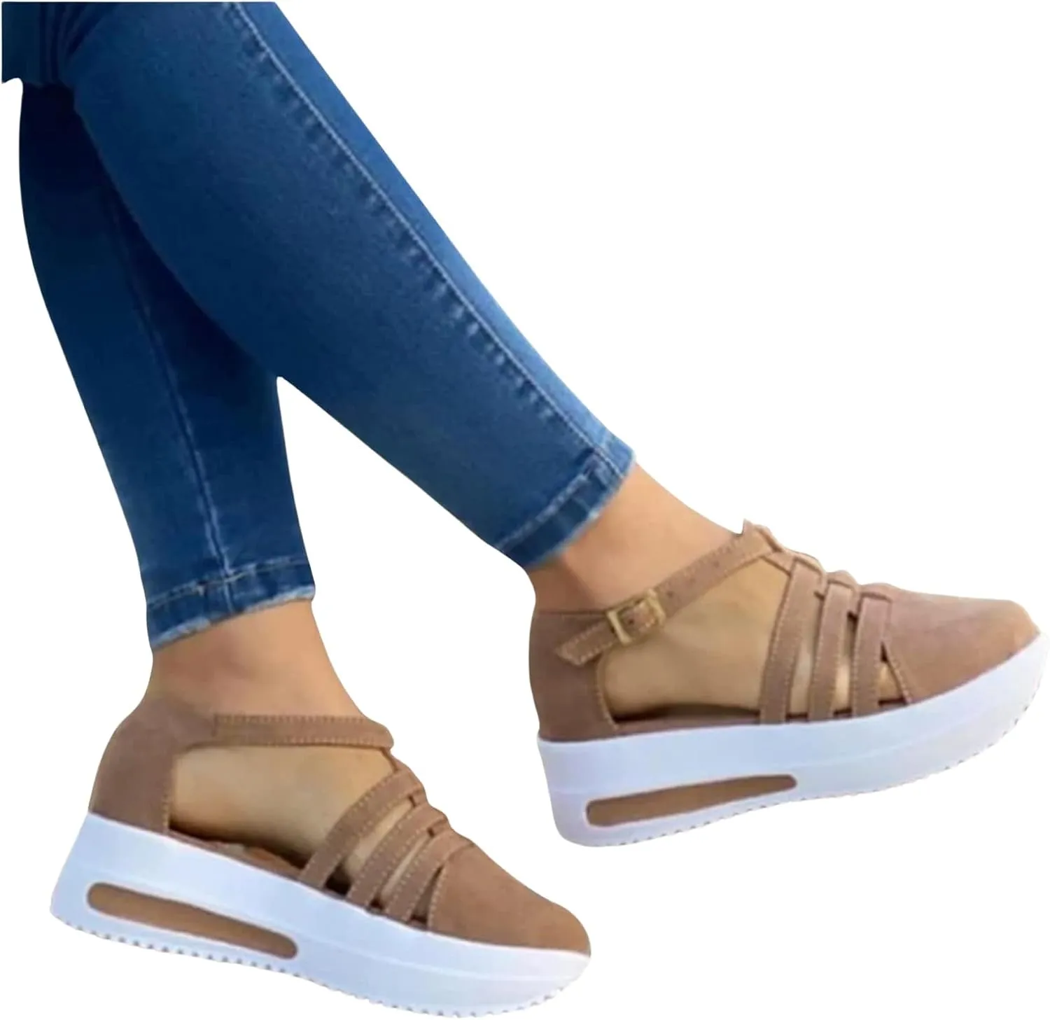 Sandals for Women Dressy Summer Casual Closed Toe Ankle Strap Espadrilles Wedge Comfortable Brown 2025 Shoes Cutout Platform Slip On with Arch Support Hollow Out Dress Walking Sandal