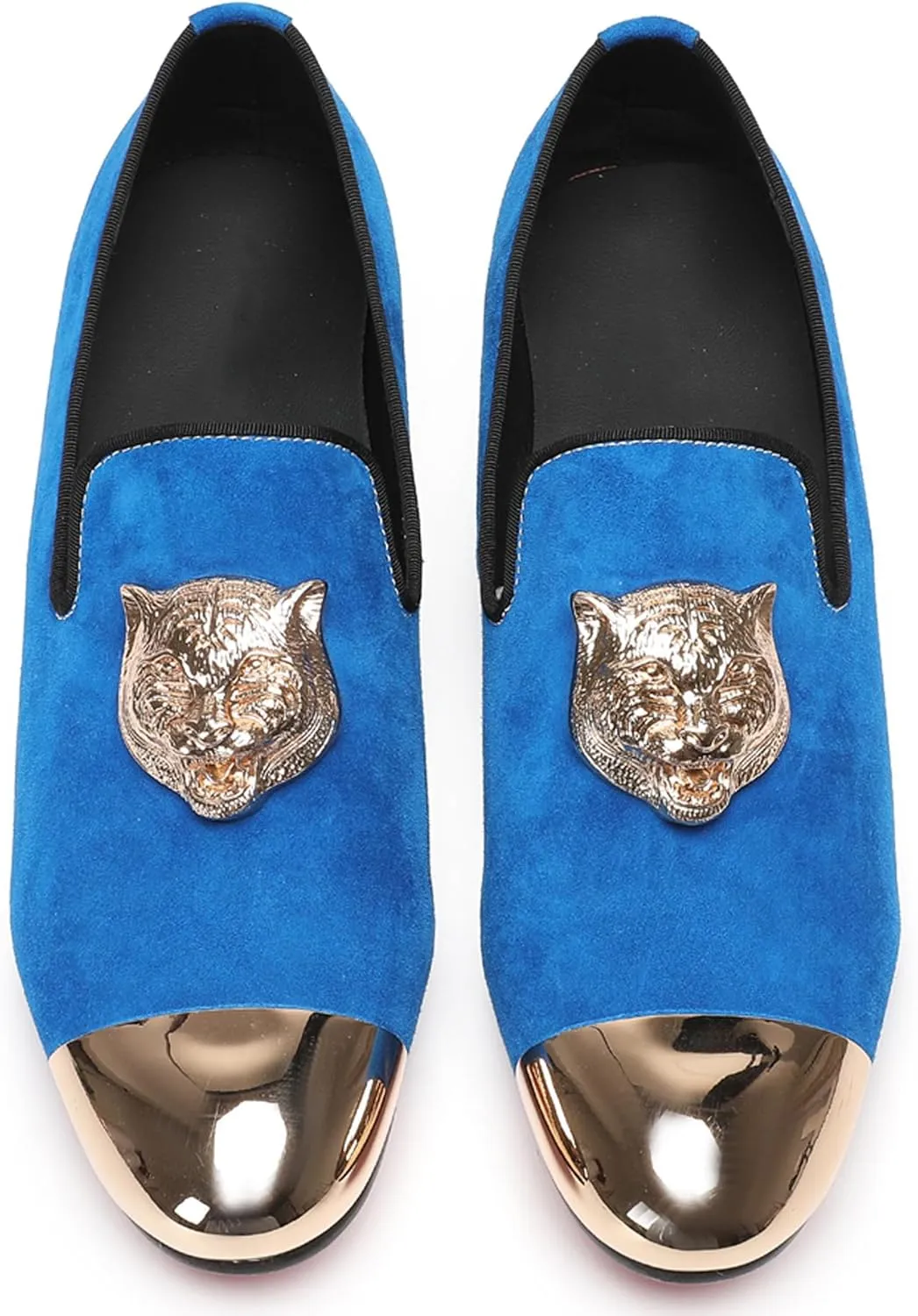 Santimon Men's Slip On Suede Penny Loafers - Metal Cap Toe Dress Casual Moccasins Western Shoes with Tiger Head for Formal Wedding & Smoking Party