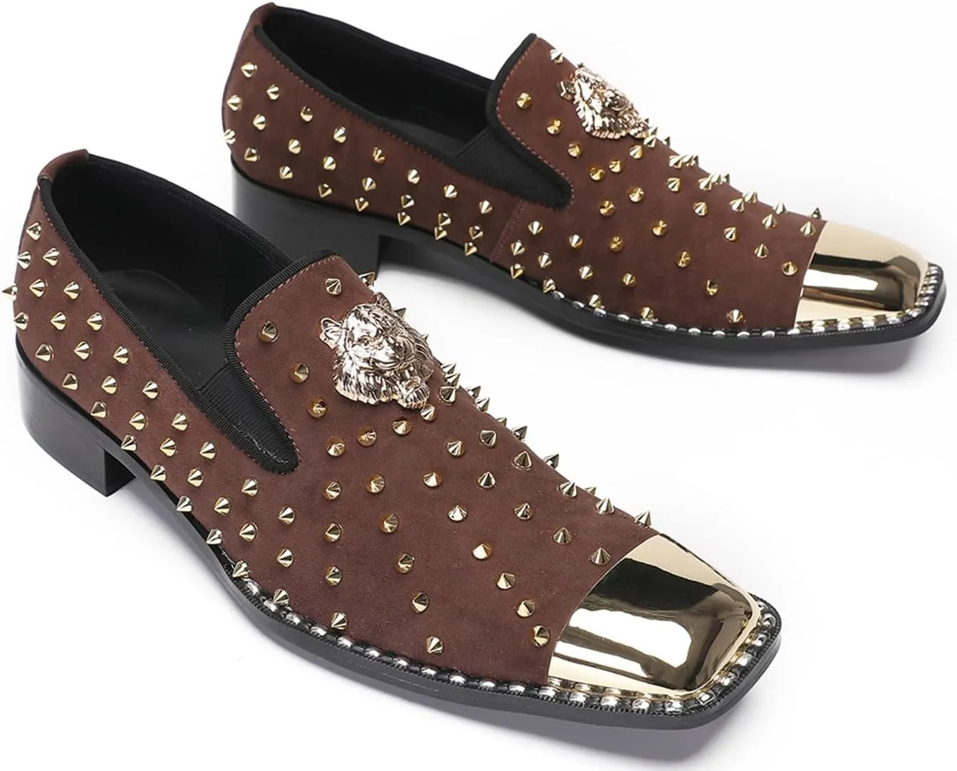 Santimon Men's Slip On Western Wedding Loafers - Gold Glitter Rhinestone Suede Shoes with Metal Square Toe for Party Disco Ballroom