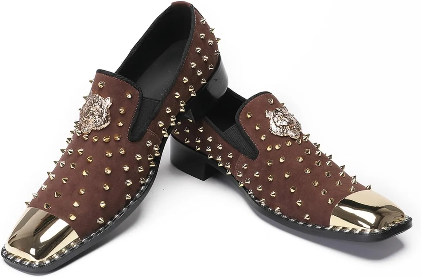 Santimon Men's Slip On Western Wedding Loafers - Gold Glitter Rhinestone Suede Shoes with Metal Square Toe for Party Disco Ballroom