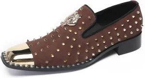 Santimon Men's Slip On Western Wedding Loafers - Gold Glitter Rhinestone Suede Shoes with Metal Square Toe for Party Disco Ballroom