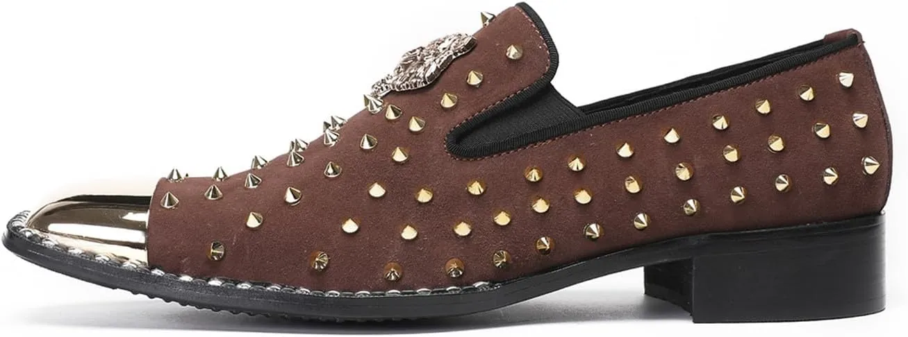 Santimon Men's Slip On Western Wedding Loafers - Gold Glitter Rhinestone Suede Shoes with Metal Square Toe for Party Disco Ballroom