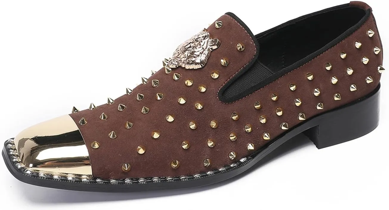 Santimon Men's Slip On Western Wedding Loafers - Gold Glitter Rhinestone Suede Shoes with Metal Square Toe for Party Disco Ballroom