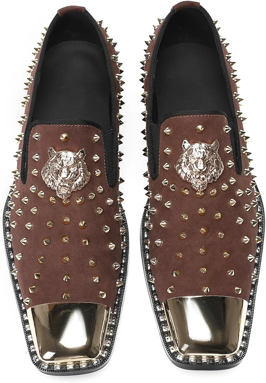 Santimon Men's Slip On Western Wedding Loafers - Gold Glitter Rhinestone Suede Shoes with Metal Square Toe for Party Disco Ballroom