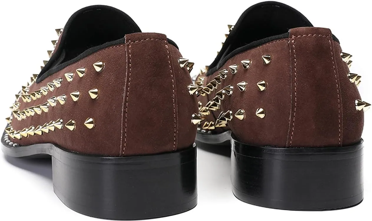 Santimon Men's Slip On Western Wedding Loafers - Gold Glitter Rhinestone Suede Shoes with Metal Square Toe for Party Disco Ballroom