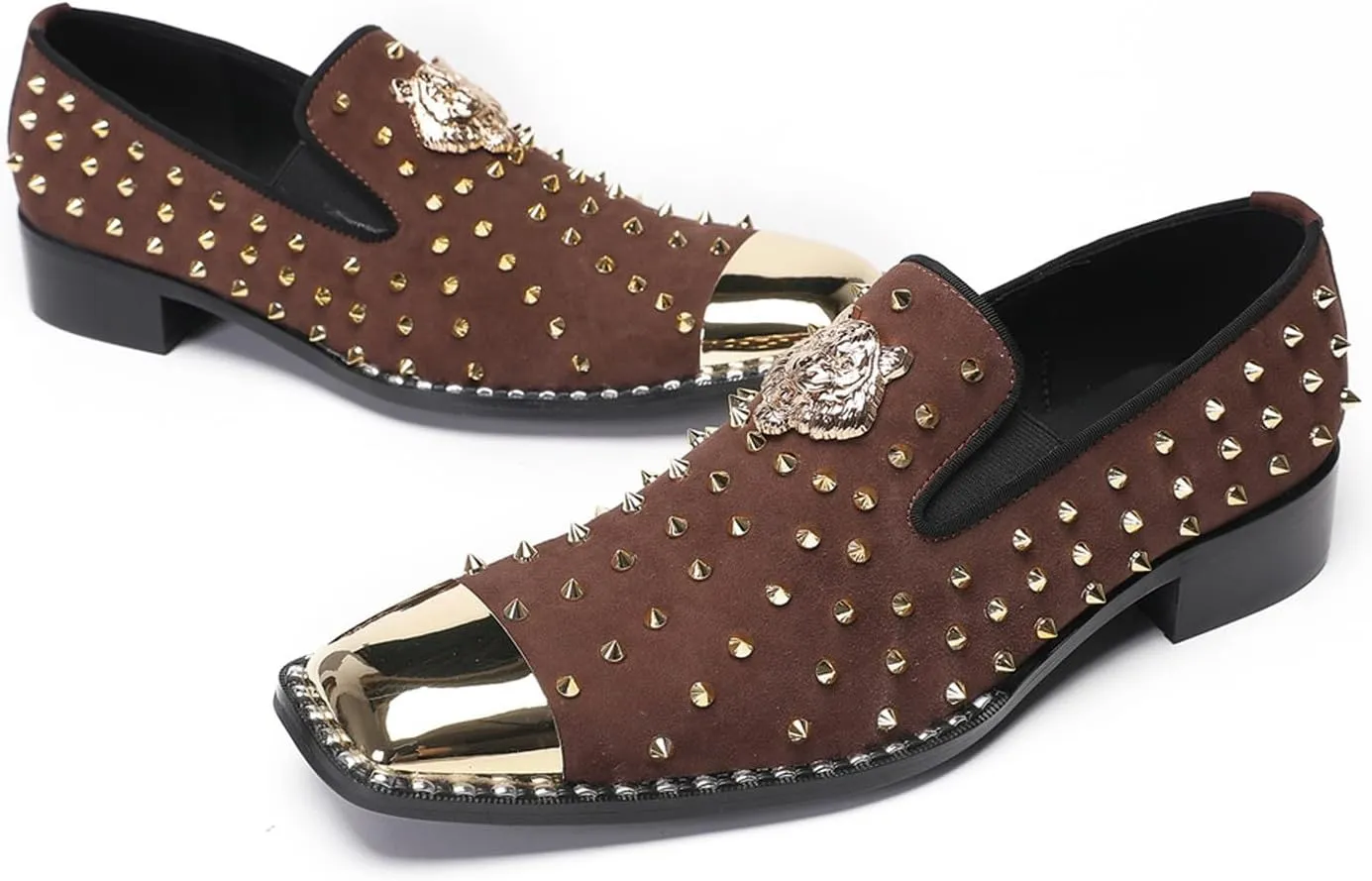 Santimon Men's Slip On Western Wedding Loafers - Gold Glitter Rhinestone Suede Shoes with Metal Square Toe for Party Disco Ballroom